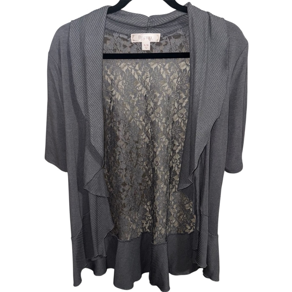 Decree XL Y2K Style Grey Lace Back Ruffle Cardigan with Short Sleeves